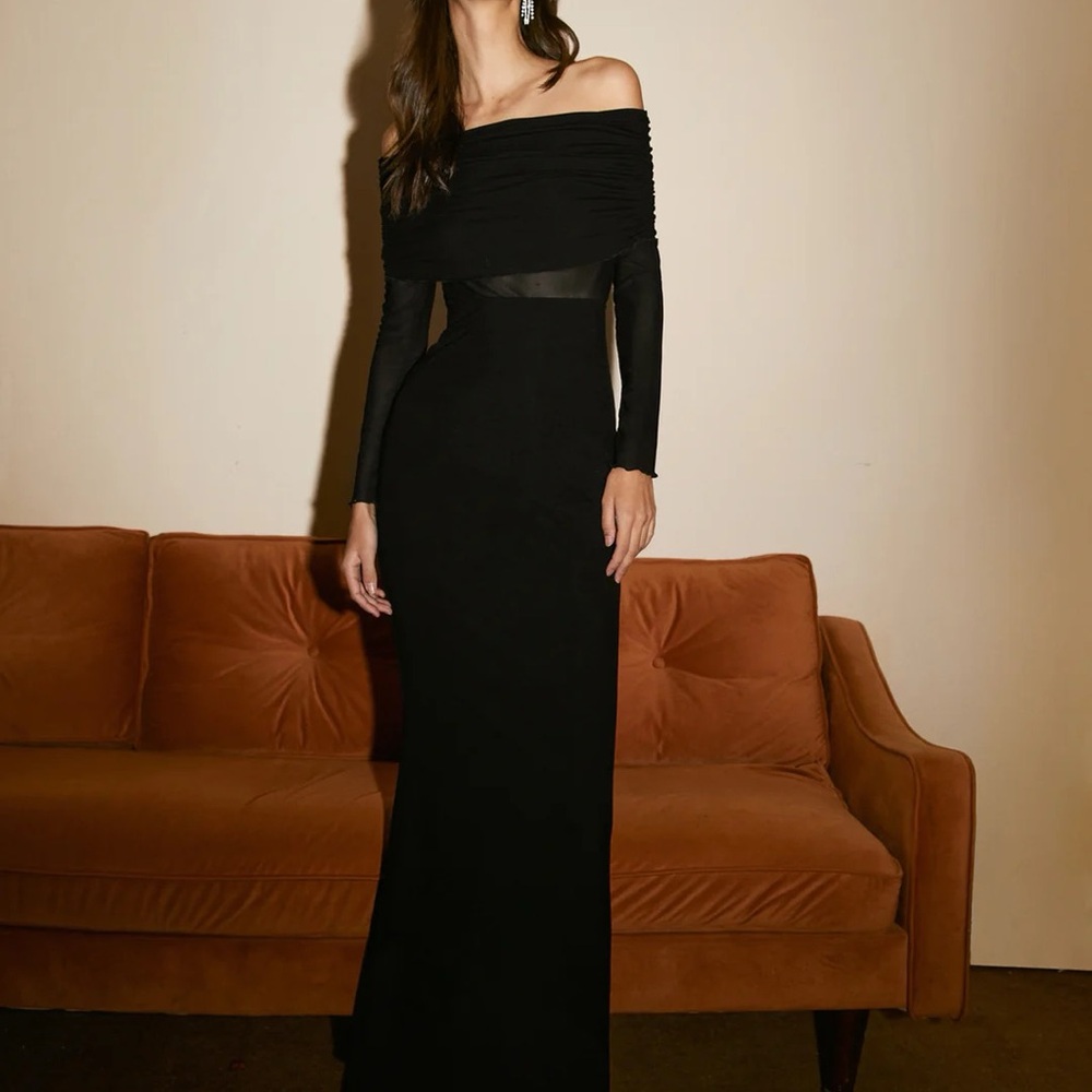 Commense Semi-Sheer Off-Shoulder Mesh Long Sleeve Dress - Size Small